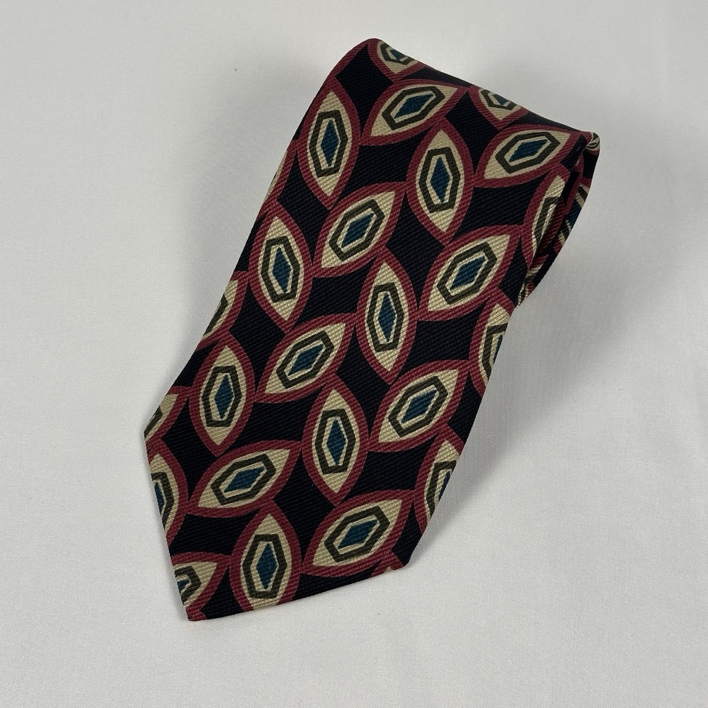 Jos A Bank Premier Collection Silk Tie Navy Red Geometric USA Made 3.75" W 58" L